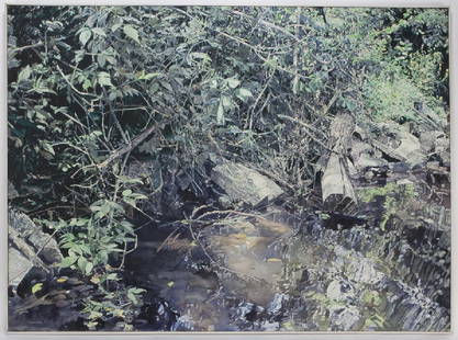 William Nichols "Riverbank in Cedarburg, WI": William Nichols "Riverbank in Cedarburg, WI" acrylic on canvas, 1983. Signed and dated lower left, "Wm Nichols 83". Signed, dated, and titled on verso, "Wm. Nichols / 1983 / Riverbank in Cedarburg, WI