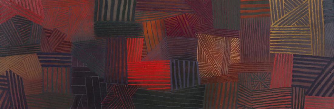 David Shapiro "Forest from the Trees" acrylic on: David Shapiro "Forest from the Trees" acrylic on canvas, 1986. Signed, dated, and titled on verso, "© David Shapiro 86 / 'The Forest from the Trees'". Canvas: 36.125"H x 108.125"W; Frame: 38.25"H x 1