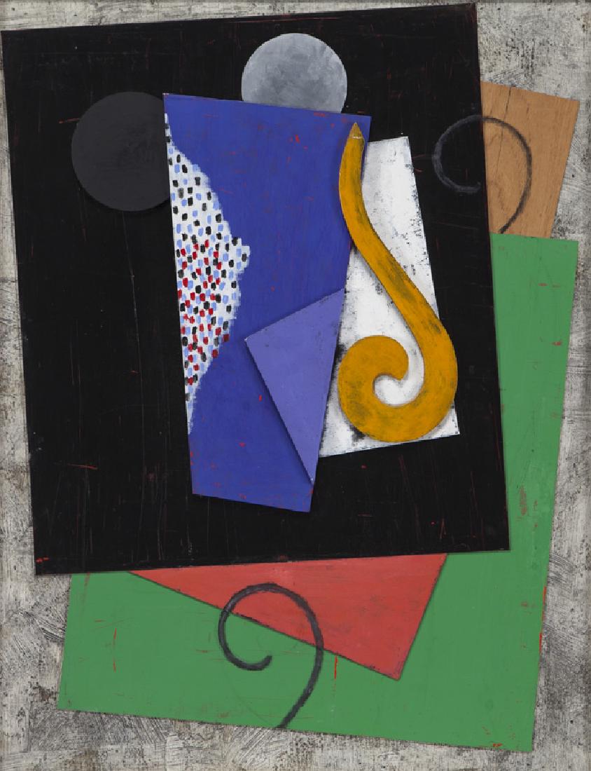 Dan Rizzie "Amphora" oil and wood construction: Dan Rizzie "Amphora" oil and wood construction on board, 1986. Titled and dated on verso, "Amphora / 1986". Board: 31"H x 24"W; Frame: 34.125"H x 27.125"W. PROVENANCE: Corporate Collection, Dallas, TX