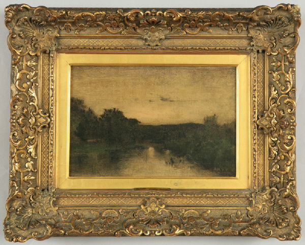George Inness oil painting on canvas laid on board: "Dawn on the River." Signed lower right, "G. Inness." Site: 8.125"H x 12.125"W; Frame: 15.75"H x 19.75"W. In the opinion of Mr. Michael Quick this piece was painted in the summer of 1877, "when he (In