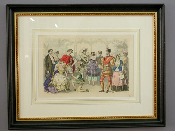 Set of 5 antique hand colored engravings: Set of 5 antique hand colored engravings of costume mask balls, Parisian, circa 1860. In ebonized frame with gilt beaded trim, site: 10" x 15", frame 21" x 26". ($500-900)