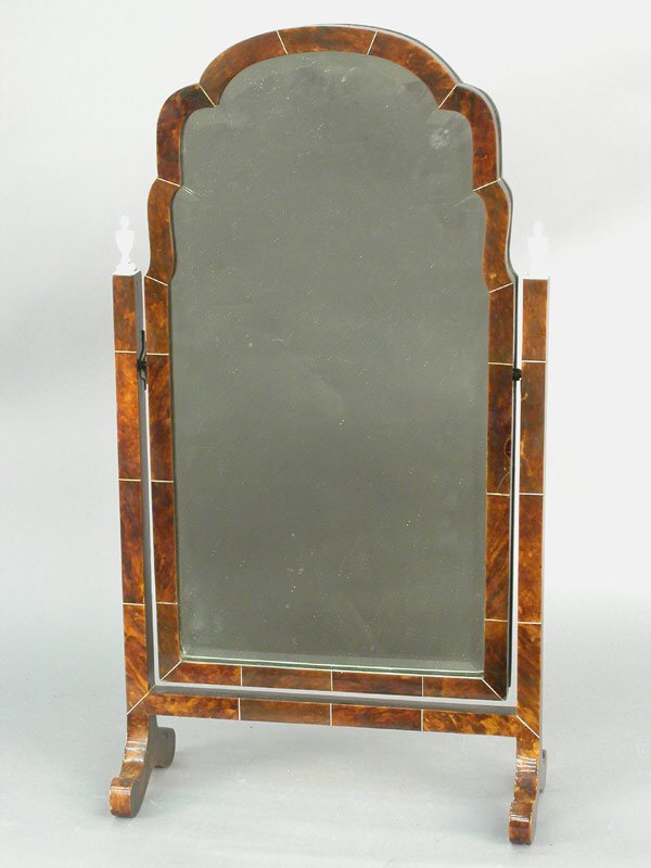 Tortoise shell and ivory looking glass w: Tortoise shell and ivory looking glass with beveled mirror in Queen Ann style, 19th century - 25"t x 13.5"w x 5.5". ($1000-1600)