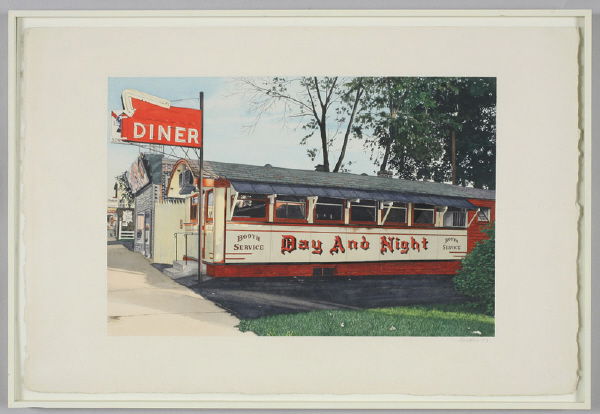 John Baeder watercolor on paper, "Day and Night,": Signed lower right, "Baeder 77." Site: 10.625"H x 15.75"W: Frame: 16.25"H x 23.75"W. John Baeder (American B. 1938) depicts the Day and Night diner in Palmer, Massachusetts in this piece. Published: "