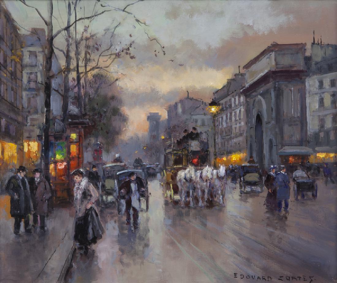 Edouard Cortès "Porte Saint-Martin" oil on canvas.: Edouard Cortès "Porte Saint-Martin" oil on canvas. Signed lower right, "Edouard Cortes". Canvas: 18.125"H x 21.625"W; Frame: 32.875"H x 36.375"W. PROVENANCE: Galerie F. Clair, Paris. Private Collecti
