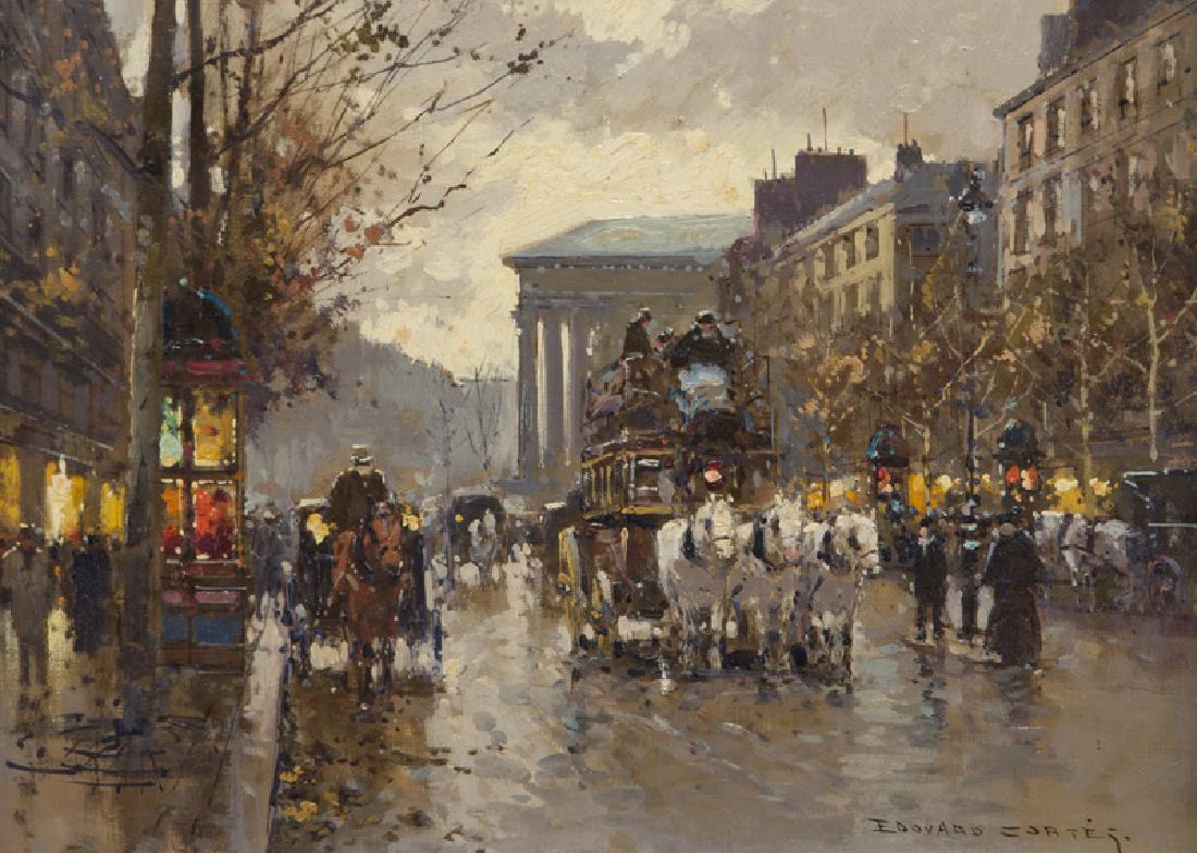 Edouard Cortès "Boulevard de la Madeleine": oil on canvas, 1910. Signed lower right, "Edouard Cortes". Canvas: 13"H x 18"W; Frame: 21.5"H x 26.5"W. PROVENANCE: Arnot Gallery, New York, NY. Peikin Gallery, New York, NY (acquired from the above i
