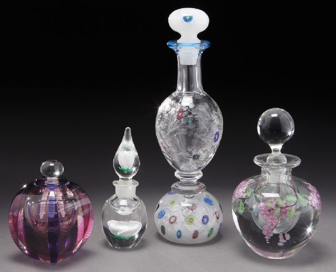 (4) Glass perfume bottles,: (4) Glass perfume bottles, comprising: (1) Michael David and Kit Karbler bottle internally decorated with linear abstract design. Signed to underside, "Michael David / Kit Karbler"; (1) Saint Louis pa