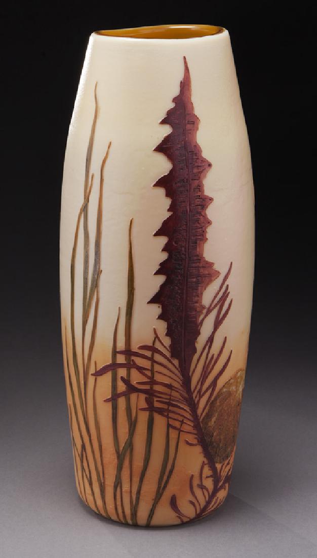Legras cameo glass vase: Legras cameo glass vase with surrounding shell and plant motif. Signed in cameo, "Legras". 13.5"H, Circa - First quarter 20th C.