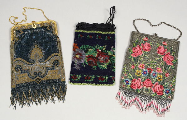 3 Pcs. Fine vintage beaded purses: 3 Pcs. Fine vintage beaded purses including: (1) silver beaded purse adorned with large pink roses and smaller polychrome flowers, having a silver frame and clasp. The bottom with ornate fringe, 12";