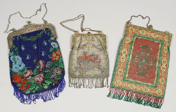 3 Pcs. Fine vintage beaded purses: 3 Pcs. Fine vintage beaded purses including: (1) lustrous silver bag with red, burnt orange, teal and gold beading, with an ornate gilt metal frame and clasp. Beaded fringe bordering the bottom, 8.5";