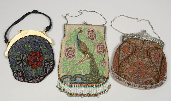 3 Pcs. Fine vintage beaded purses: 3 Pcs. Fine vintage beaded purses including: (1) exquisitely beaded scene of a colorful peacock perched atop a flowering branch together with a silver frame and clasp marked, "Sterling." The fringe be
