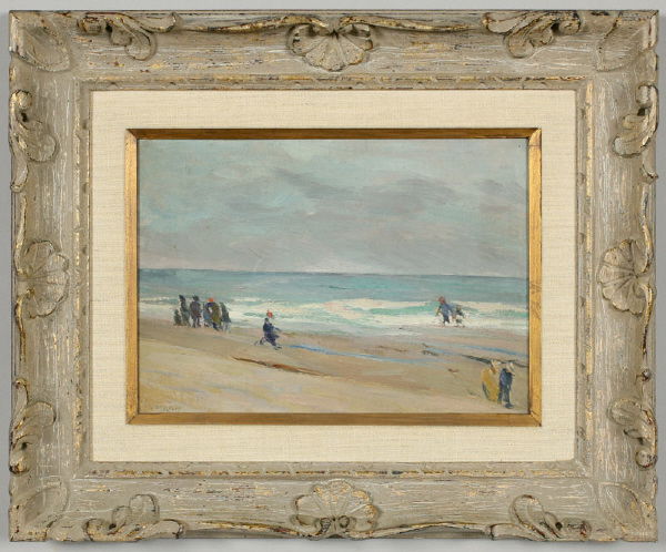 Nellie Augusta Knopf oil painting on canvas laid: Nellie Augusta Knopf oil painting on canvas laid on board, titled on verso, "Windy Day on Ogunquit Beach No. 66." Signed lower left, "N. A. Knopf." Site: 9.5"H x 13.5"W; Frame: 18.5"H x 22.5"W. Nellie