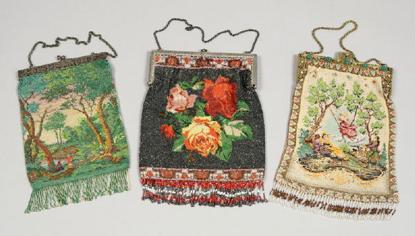 3 Pcs. Fine vintage beaded purses: 3 Pcs. Fine vintage beaded purses including: (1) beaded Fragonard-style scene of a woman aloft in a garden swing. With an ornate gilt metal frame and clasp adorned with emerald colored cabochons, moth