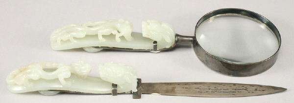 2 Pc. desk set antique Chinese mutton fat jade: 2 Pc. desk set antique Chinese mutton fat jade ornamental chimarae belt buckles, Ch'ien Lung period (1735-1796) which serve as handles for each (1) a paper knife and; (1) reading glass, marked, "S. an
