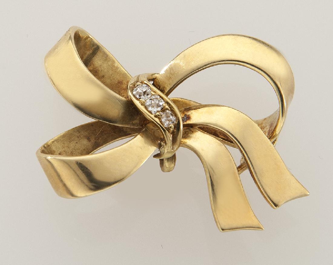 Edwardian/Deco 14K yellow gold and diamond bow (1 of 2)