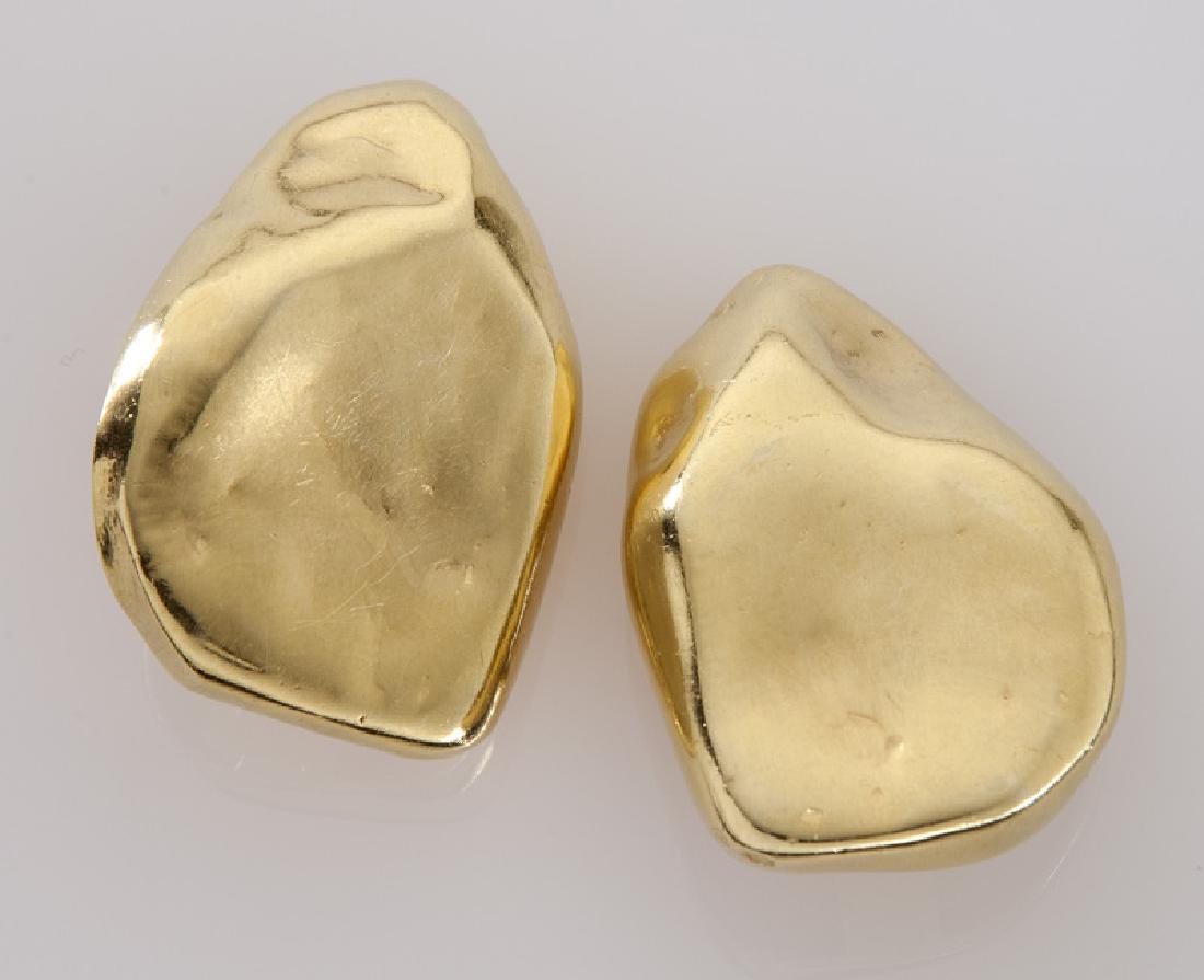 18K gold freeform matte finish earrings.: 18K gold freeform matte finish earrings. Stamped, "18K". 38.4 grams. 1.5"L, Circa - 20th C. PROVENANCE: From the Estate of Clare Kelley McKinney, Dallas, Texas.