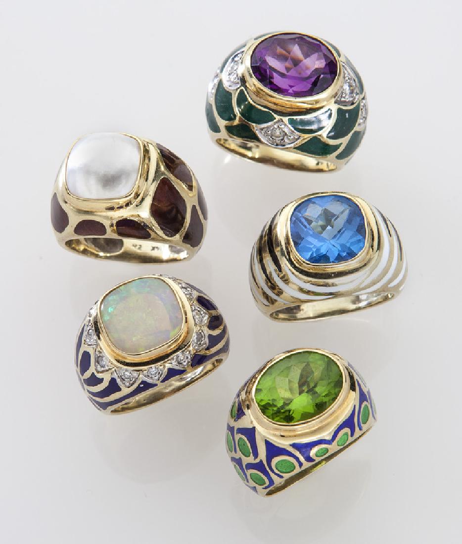 (5) 14K gold and enamel rings with various stones. (1 of 3)