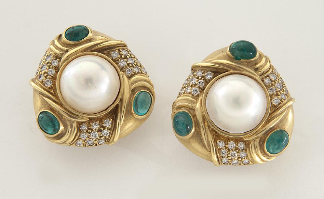 Pair of 18K gold, mabe pearl, diamond and emerald (1 of 2)