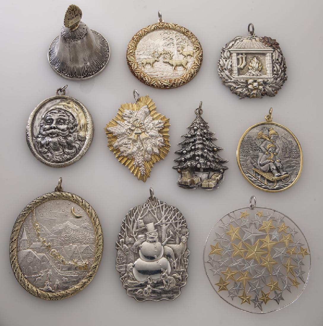Group of 10 Buccellati sterling silver and gilt: Group of 10 Buccellati sterling silver and gilt Christmas ornaments, with various motifs including one bell. All marked, "Buccellati Sterling Italy" and numbered. 497.1 grams. Largest 4.5"L, Circa - 2