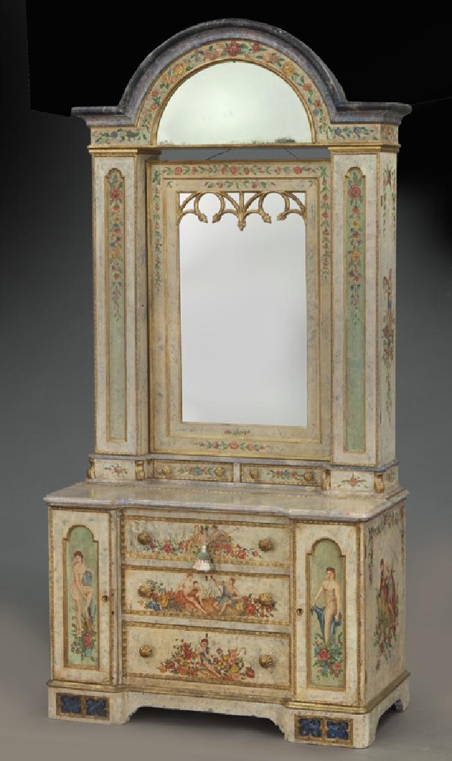 American Victorian "Wig Dresser": American Victorian "Wig Dresser" in the style of Mitchell & Ramellsberg, the arched top with inset mirror over a swinging central mirror flanked by tall narrow cupboards, with two glove drawers below,