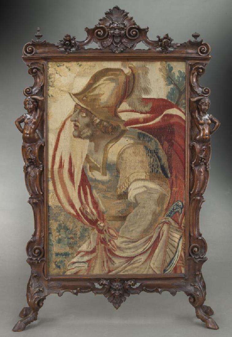 Large highly carved tapestry firescreen, (1 of 10)