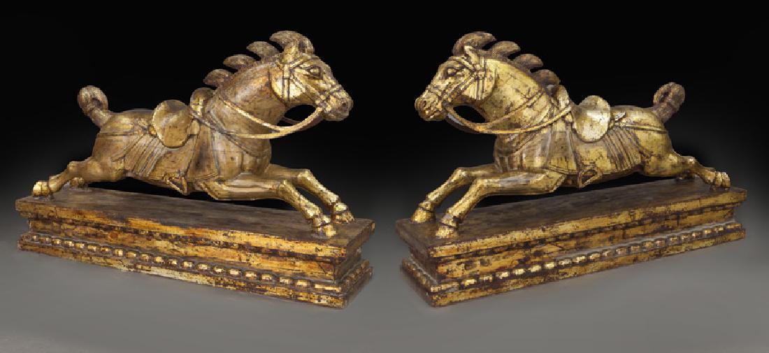 Pair of large gilt, carved wood running horses (1 of 9)