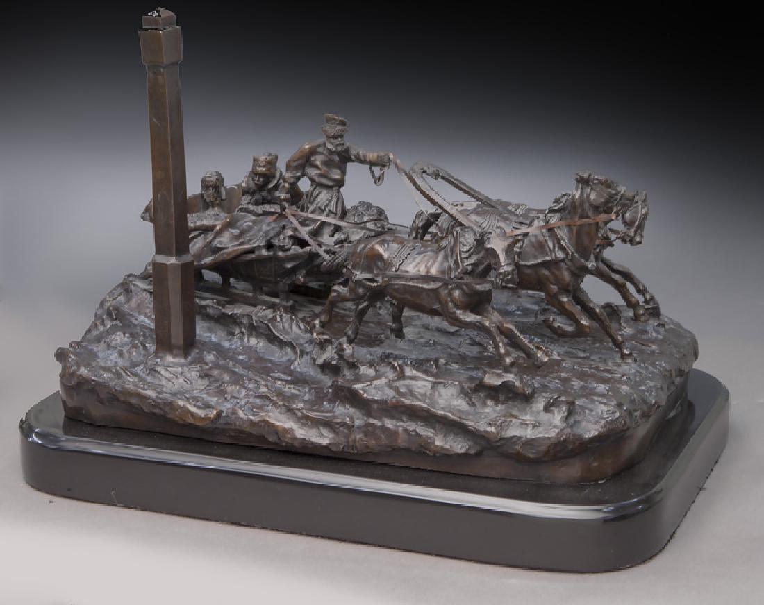After Vassili Yacovlevitch Grachev "The Milepost": After Vassili Yacovlevitch Grachev "The Milepost" raised on a black marble base. Signed in Cyrillic, "Mod Grachev" with "Fab C. F. Woerffel" foundry inscription. 13"H x 18"W x 12.75"D with base, Circa