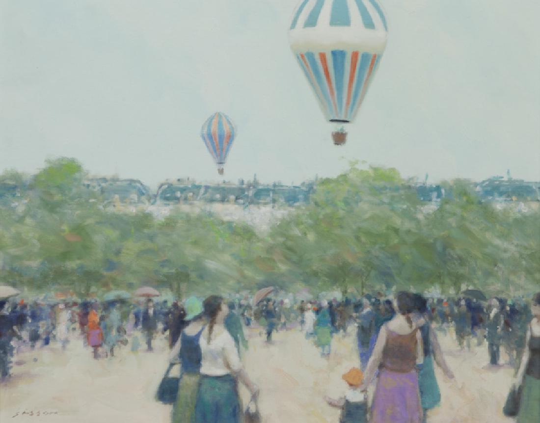 André Gisson "Balloons in Flight" oil on canvas,: André Gisson "Balloons in Flight" oil on canvas, 1976. Signed lower left, "Gisson". Signed and dated on verso, "Gisson 1976". Canvas; 16"H x 20"W; Frame: 22"H x 26"W. PROVENANCE: Christopher Gallery,