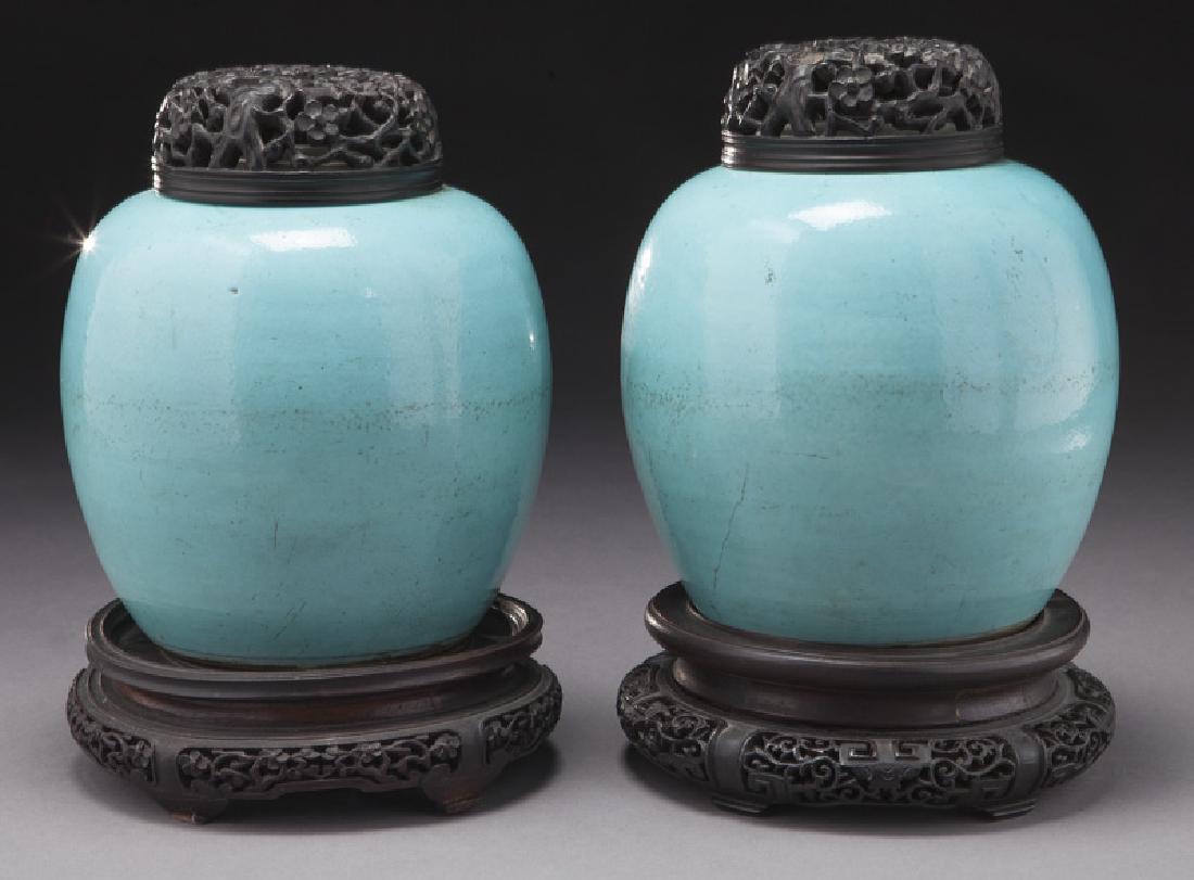 Pr. porcelain ginger jars with carved wood lids (1 of 6)