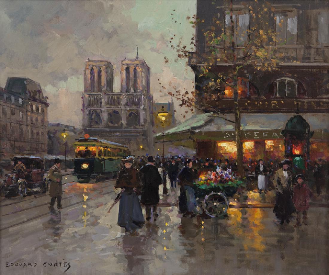 Edouard Cortes "Place St. Michel, Notre-Dame": Edouard Cortes "Place St. Michel, Notre-Dame" oil on canvas, c. 1955. Signed lower left, "Edouard Cortes". Canvas: 18"H x 21.375"W; Frame: 28.25"H x 31.75"W. PROVENANCE: Holland's Art Gallery, Chicago