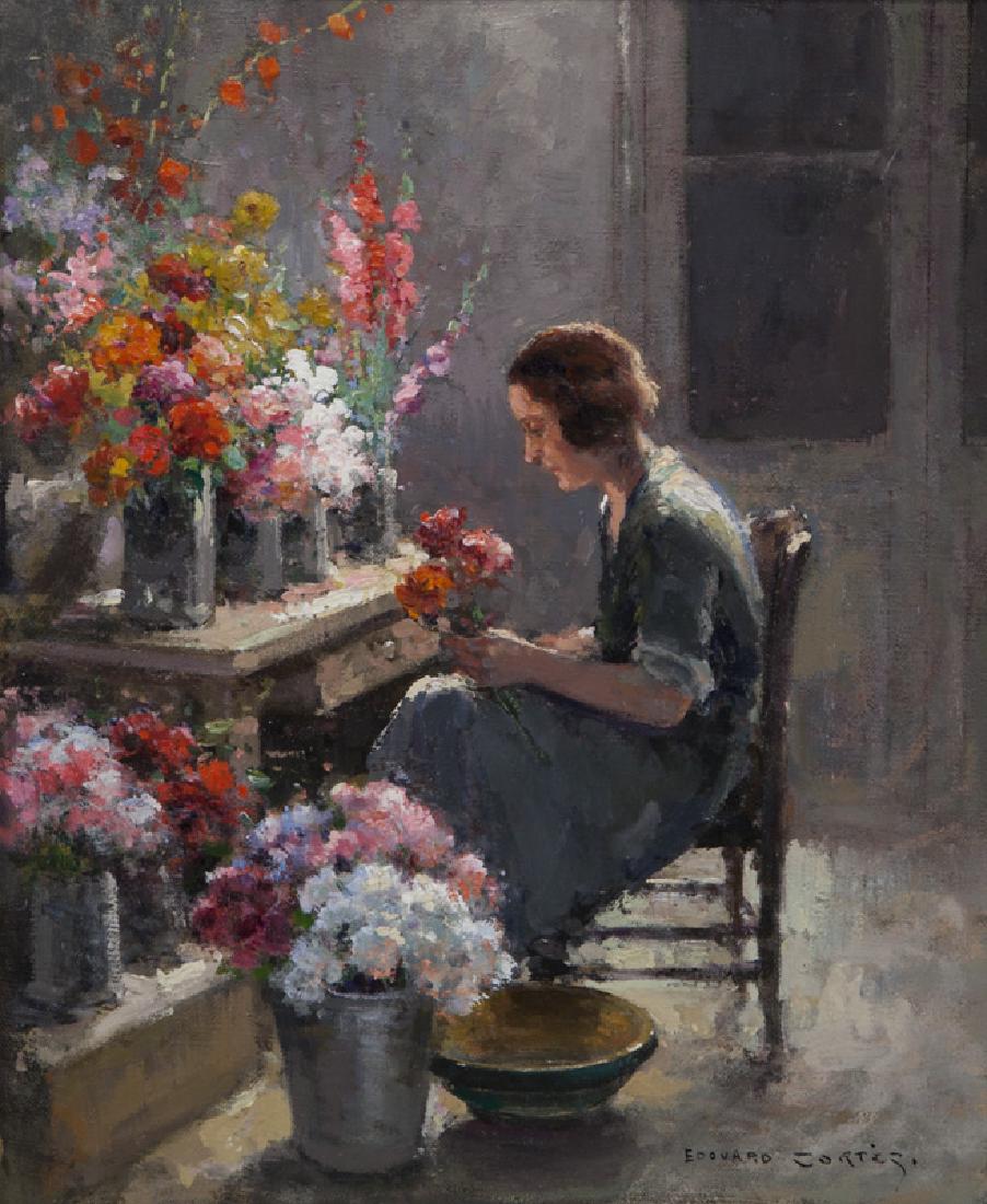 Edouard Cortes "La Fleuriste" oil on canvas,: Edouard Cortes "La Fleuriste" oil on canvas, c. 1935. Signed lower right, "Edouard Cortes". Canvas: 18.25"H x 15"W; Frame: 23.75"H x 20.653"W. PROVENANCE: Cortes Estate. L. Helvig, Paris, France (labe