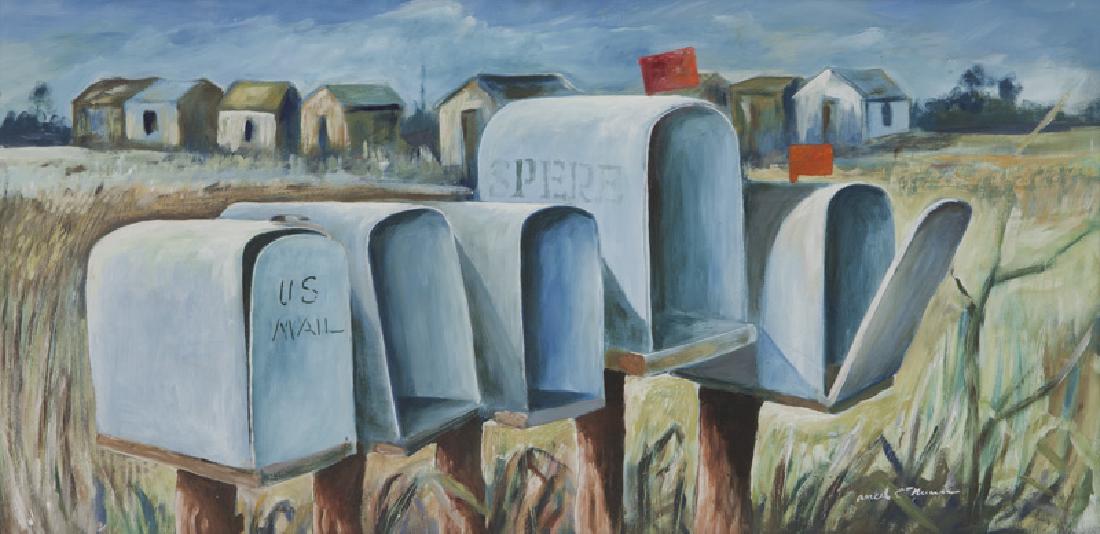 Ancel Nunn "Shacks and Mailboxes" oil on: Ancel Nunn "Shacks and Mailboxes" oil on board, c. 1965. Signed lower right, "Ancel E Nunn". Board: 24"H x 48"W; Frame: 32.5"H x 56.25"W. Ancel Nunn (American/Texas, 1928-1999).