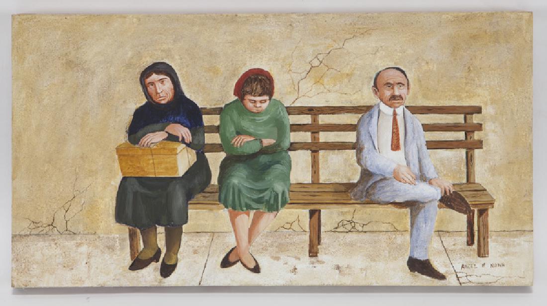 Ancel Nunn "Bench" oil on board, c. 1965.: Ancel Nunn "Bench" oil on board, c. 1965. Signed lower right, "Ancel E Nunn". Board: 7.875"H x 15"W. Ancel Nunn (American/Texas, 1928-1999).