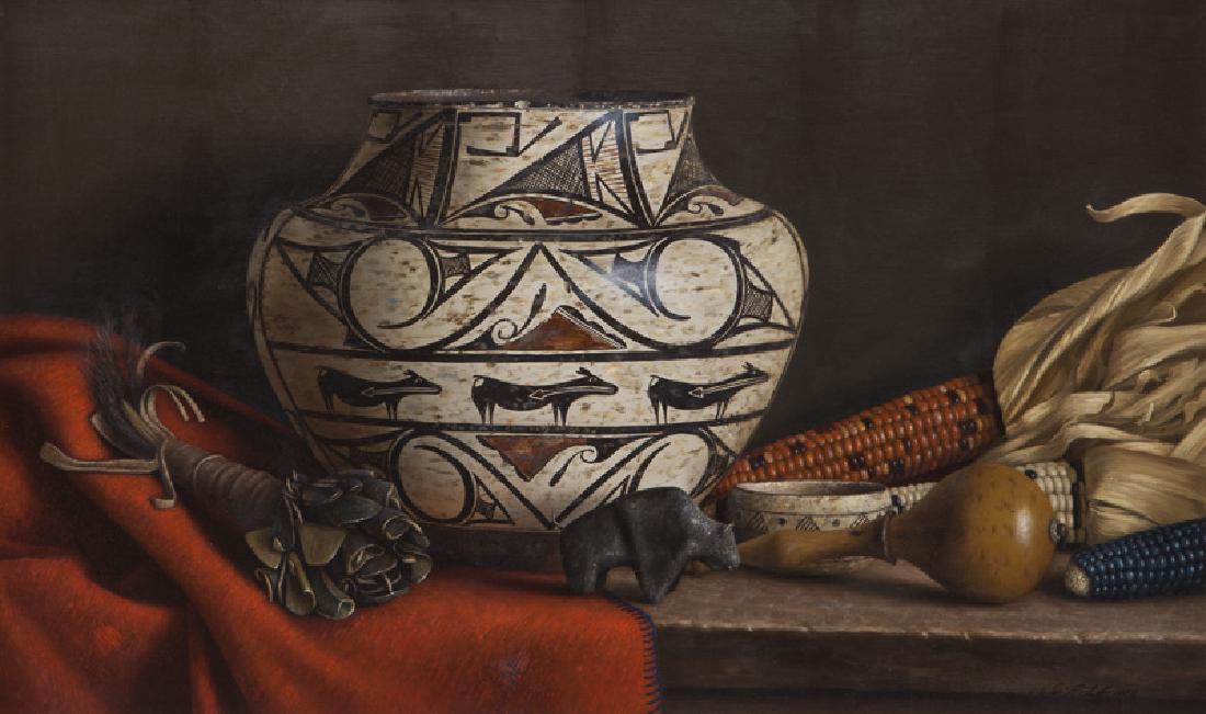 William Acheff "Three Deer and a Buffalo" oil: William Acheff "Three Deer and a Buffalo" oil on canvas, 1988. Signed and dated lower right, "© Wm. Acheff 1988". Signed, titled, and dated on verso. Canvas: 16"H x 26.125"W; Frame: 22"H x 32.125"W.