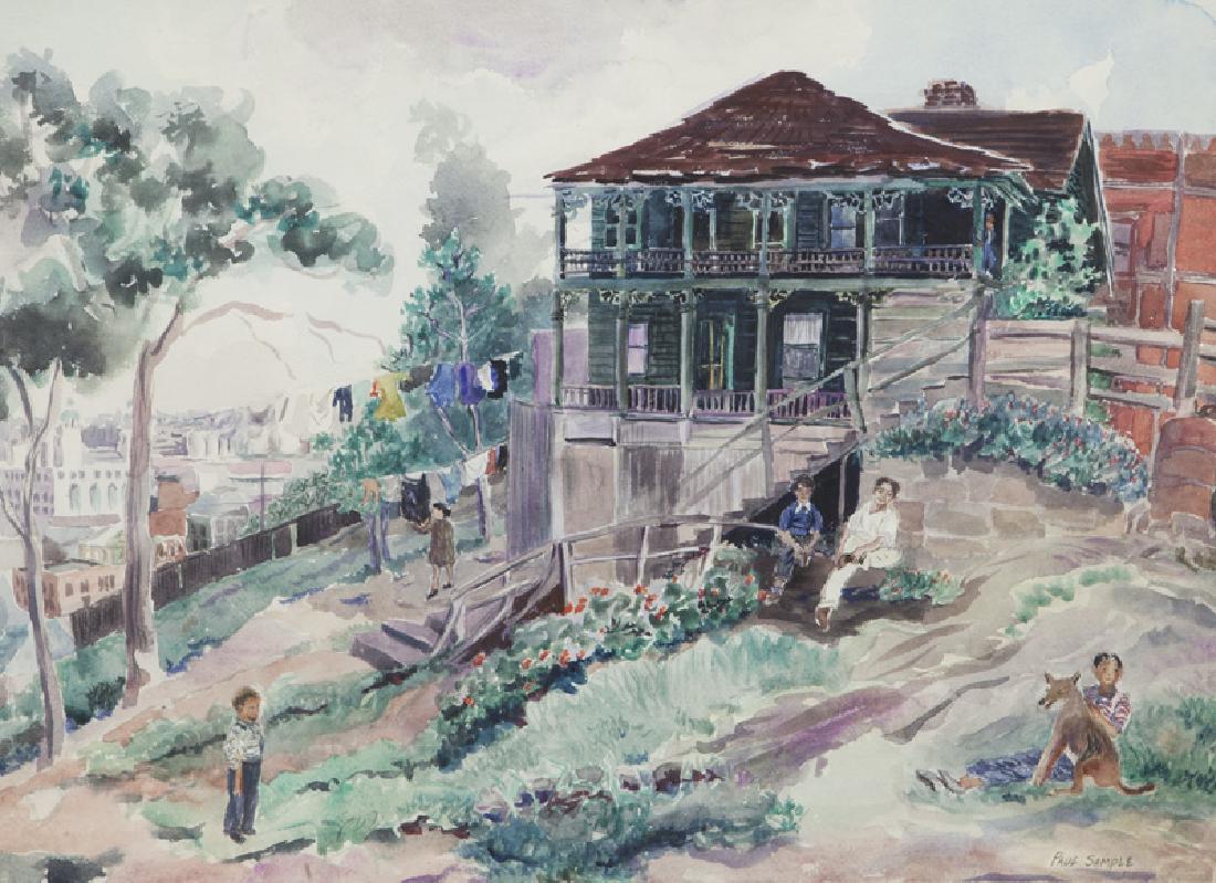 Paul Sample "At the Homestead" watercolor: Paul Sample "At the Homestead" watercolor on paper. Signed lower right, "Paul Sample". Sight: 16"H x 22"W; Frame: 23.75"H x 29.75"W. PROVENANCE: Rainone Galleries, Arlington, TX (label on verso). NOTE