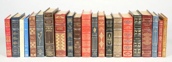 (21) Leather bound Franklin Press books including: "The Old Man and the Sea"; "Moby Dick"; "The Canterbury Tales"; and "Divine Comedy". The tallest : 10", Circa - 1990s.