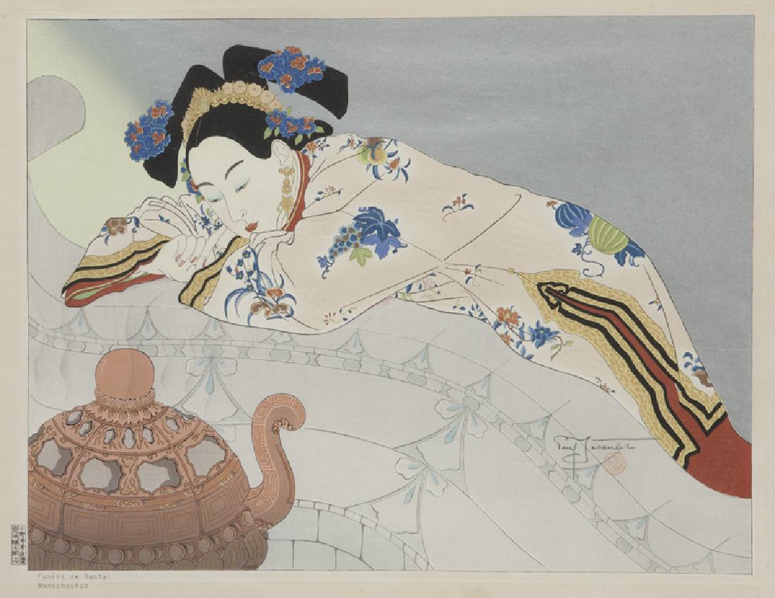 Paul Jacoulet "Fumees de Santal, Mandchoukuo": Paul Jacoulet "Fumees de Santal, Mandchoukuo" woodblock print, c. 1950. Signed in print in lower right quadrant, "Paul Jacoulet". Image: 11.75"H X 15.5"W; Sheet: 13.875"H x 18.625"W; Frame: 21.875"H x