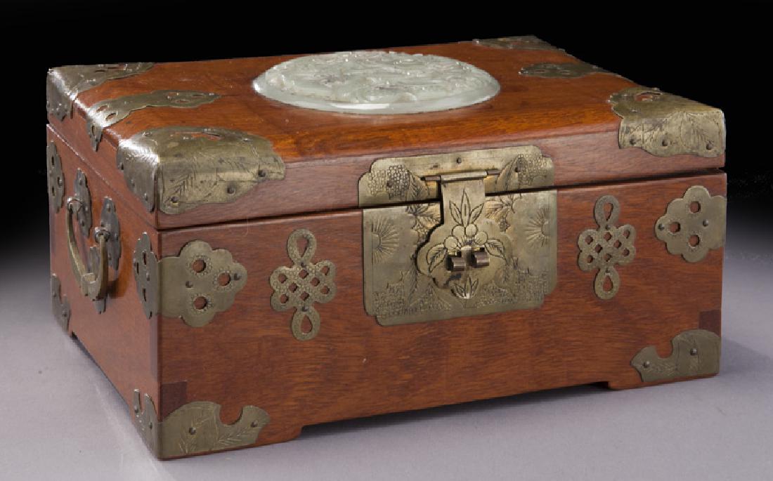 Chinese wooden box with carved jade plaque (1 of 8)