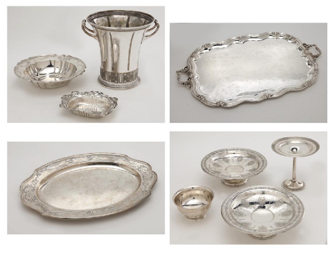 (8) Sterling silver & silver plate serving pieces: (8) Sterling silver & silver plate serving pieces comprising: (1) silverplate tray; (1) Reed & Barton silverplate Hepplewhite tray; (1) Pr. Towle sterling silver Louis XV tazzas; (1) International ste