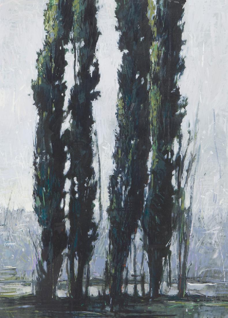 John Fincher "Opera Poplars OP II" oil on paper,: John Fincher "Opera Poplars OP II" oil on paper, 1987. Signed lower right, "Fincher". Sight: 28.25"H x 20.375"W; Frame: 37.25"H x 29.25"W. PROVENANCE: Collection of R. L. B. Tobin. Elaine Horwitch Gal
