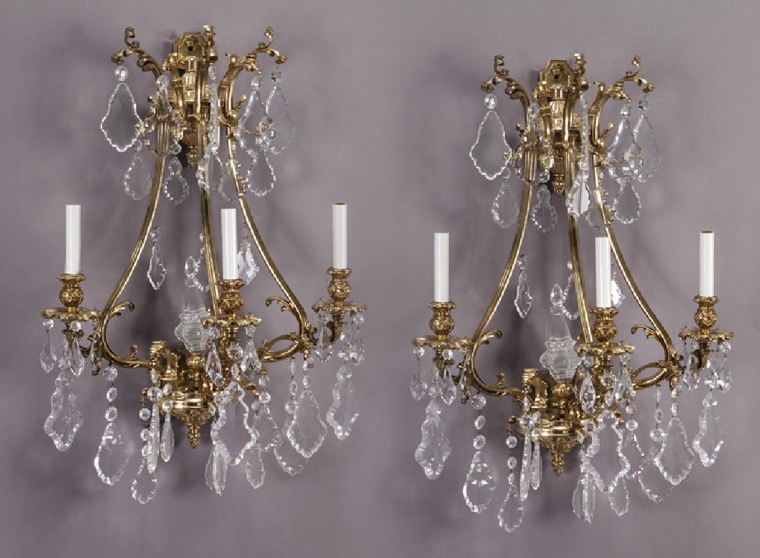 Pr. of crystal and gilt bronze wall sconces, (1 of 7)