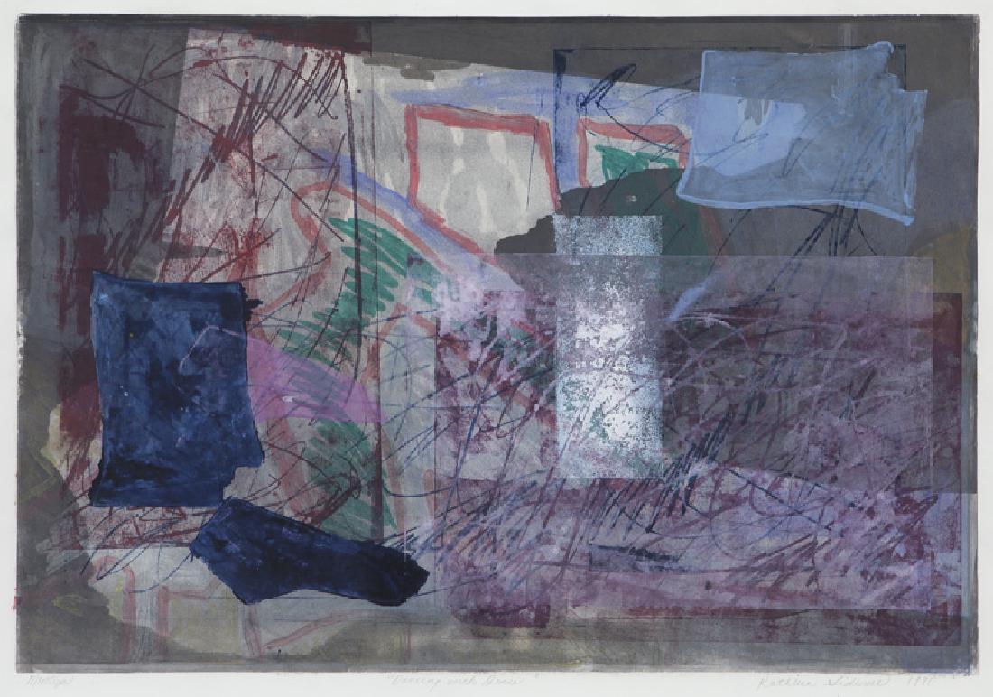 Kathleen Sidwell "Dancing with Jesse" monoprint,: Kathleen Sidwell "Dancing with Jesse" monoprint, 1990. Inscribed across bottom, "Monotype 'Dancing with Jesse' Kathleen Sidwell 1990". Image: 22.5"H x 33"W; Sheet: 25.25"H x 35.5"W; Frame: 30"H x 39.6