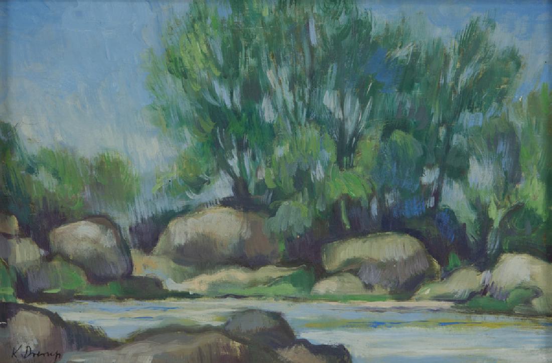 Karl Drerup "River View" oil on panel. Signed: Karl Drerup "River View" oil on panel. Signed lower left, "K Drerup". Board: 6"H x 9.25"W; Frame: 8.625"H x 11.5"W. PROVENANCE: Skinner Auctioneers: June 23, 2007 (Lot 557). Karl Drerup (American, 190
