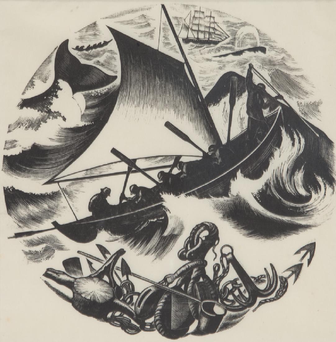Clare Veronica Hope Leighton "Whaling (#603, New: Clare Veronica Hope Leighton "Whaling (#603, New England Industries)" engraving, c. 1949. Unsigned. Sight: 9.5"Dia; Frame: 17"H x 16.5"W. PROVENANCE: Skinner Auctioneers: July 10, 2010 (lot 389). Clar