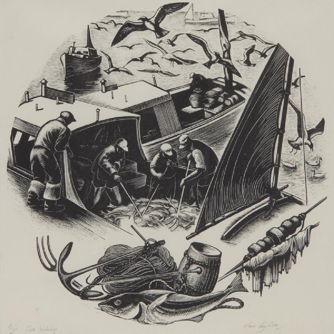 Clare Veronica Hope Leighton "Cod Fishing (#613,: Clare Veronica Hope Leighton "Cod Fishing (#613, New England Industries)" engraving, c. 1949. Signed lower right, "Clare Leighton". Numbered and titled lower left, "3/50 Cod Fishing". Sight: 9.5"Dia; 