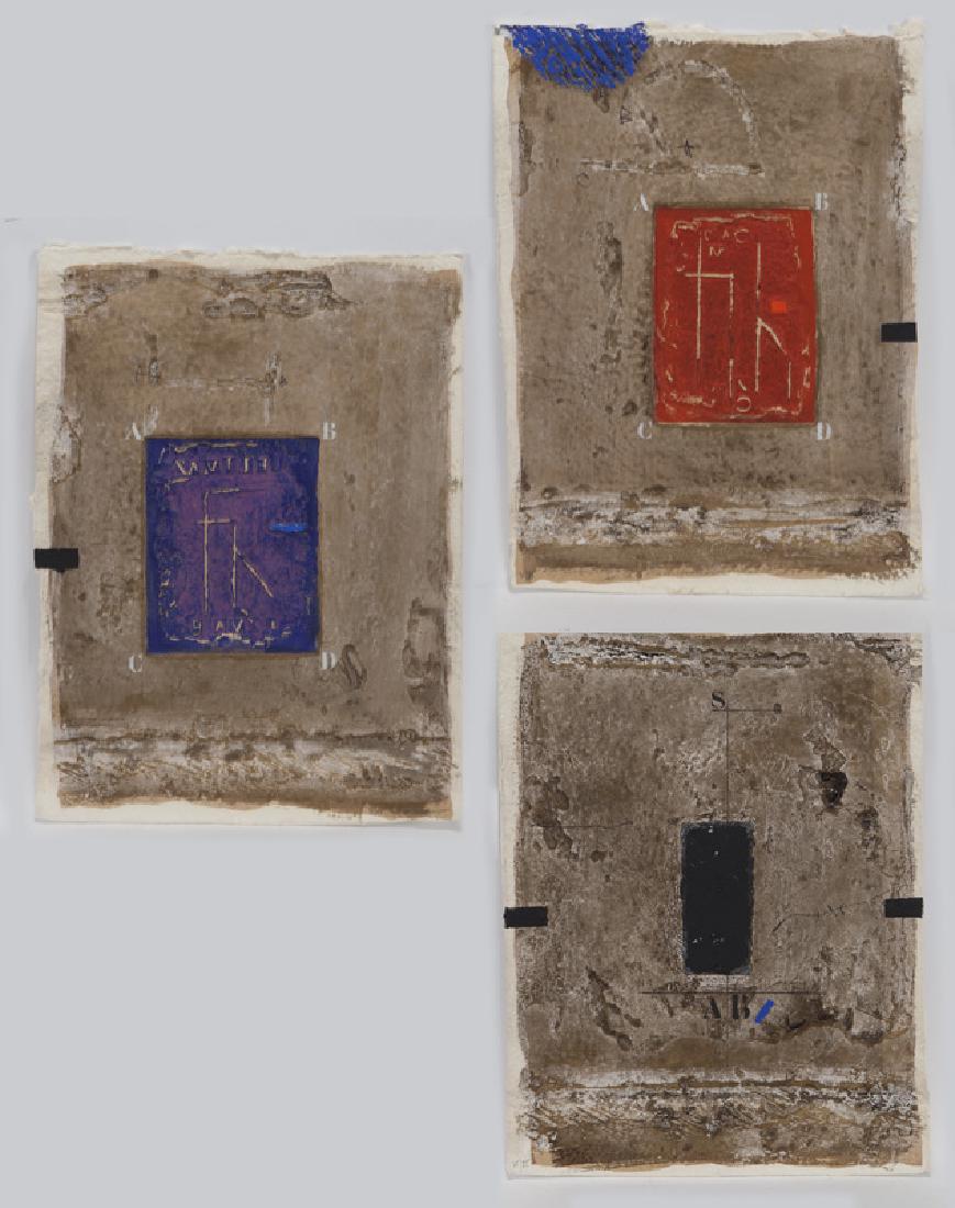 James Coignard, "Actions Complementaires: James Coignard, "Actions Complementaires (Triptych)", Carborundum with Pochoir. CONDITION: Wear consistent with age and use.