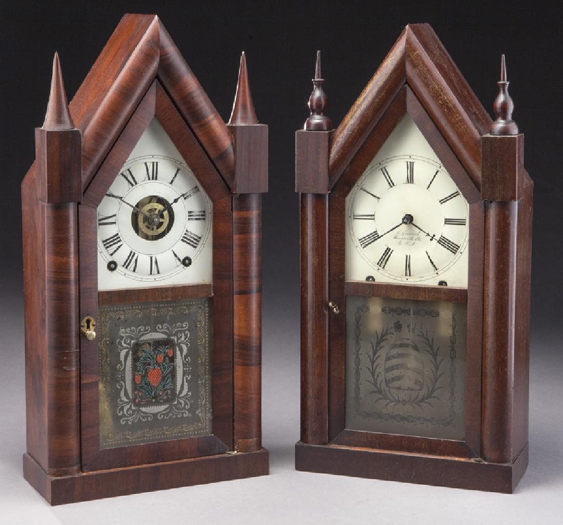 (2) Mahogany sharp gothic steeple clocks, (1 of 9)