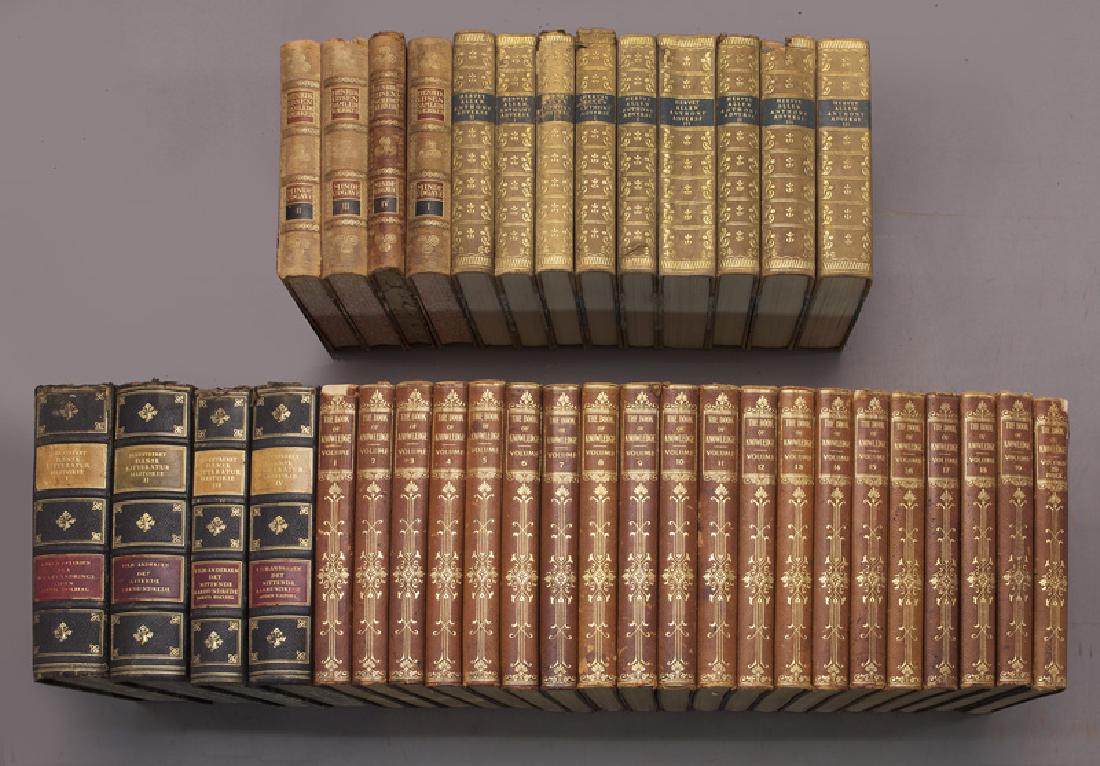 (37) Leather volumes with marbles edges, panels: (37) Leather volumes with marbles edges, panels and gilt decoration. 9.75"H and 10.25"H, 19th/20th C. CONDITION: Wear consistent with age and use.