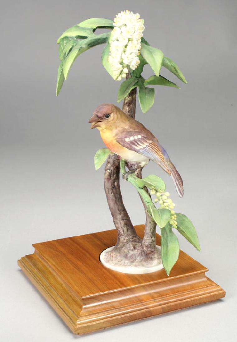 Dorothy Doughty porcelain bird, Lazuli Bunting: Dorothy Doughty porcelain bird, Lazuli Bunting Passerina Amuna with Choke Cherry, on stand, bearing the black Royal Worcester mark, "Made in England," stamp for 1962 and copyright 1962, and signed by 