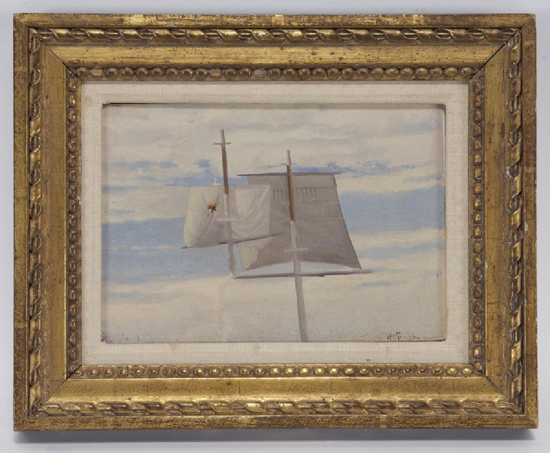 20th Century oil on board depicting the top sails: 20th Century oil on board depicting the top sails of a sailboat set against a cloudy sky. Signed illegibly lower right. Board: 6.25"H x 9"W; Frame: 10.375"H x 13"W. CONDITION: Wear consistent with age
