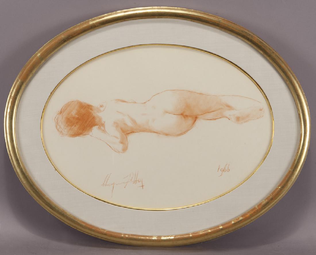 Chapman Kelley "Untitled (Reclining nude)" pastel: Chapman Kelley "Untitled (Reclining nude)" pastel on paper, 1966. Signed lower left, "Chapman Kelly" and dated lower right, "1966". Sight: 14.5"H x 20.375"W; Frame: 21.5"H x 27.5"W. Chapman Kelley (Am